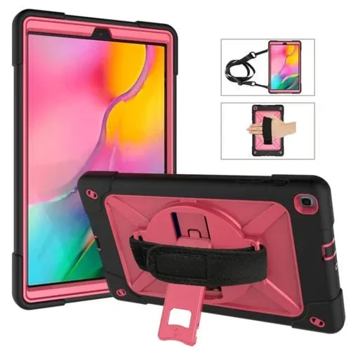 Funda Silicona para Galaxy Tab a 10.1 (2019) T510 + Funda PC con Soporte (Negro + Rosa Roja)