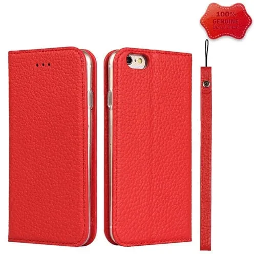Funda Telefónica Cuero Genuino Litchi para iPhone 6 Plus y 6S Plus (Rojo)