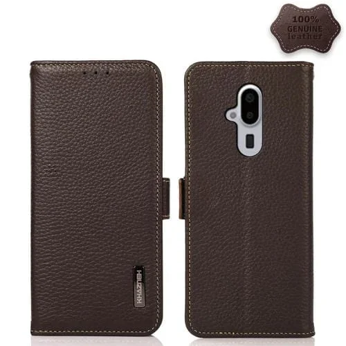Funda Telefónica Fujitsu F-52B Khazneh Litchi Magnética de Cuero Genuino (Marrón)