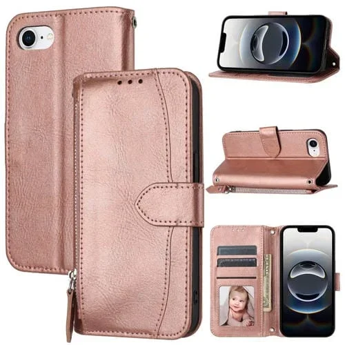 Funda Tipo Billetera Cuero con Cremallera para iPhone 16E (Oro Rosa)