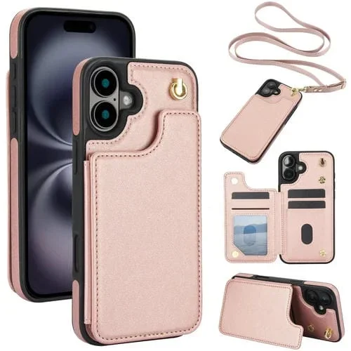 Funda tipo Billetera de Cuero para iPhone 16 con Doble Hebilla Cruzada (Oro Rosa)