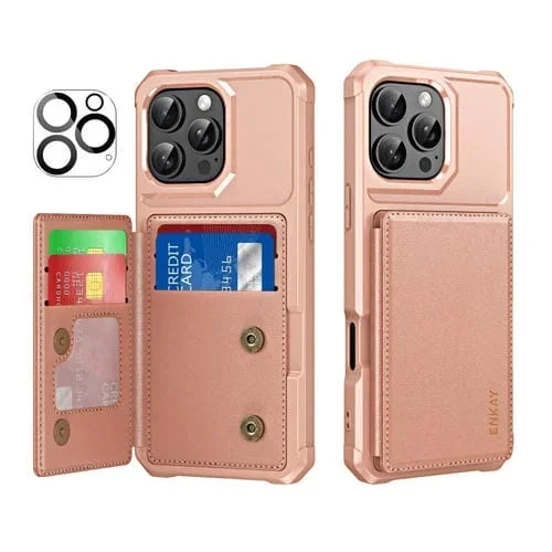 Funda Tipo Billetera Enkay Hat-Prince para iPhone 16 Pro con Ranura para Tarjetas y Parte Trasera de TPU de Cuero (Oro Rosa)