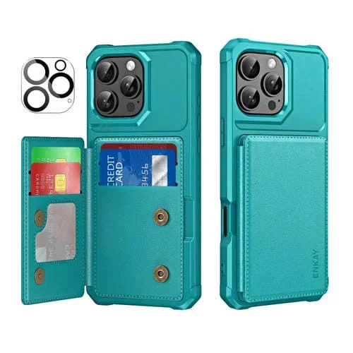 Funda Tipo Billetera Enkay Hat-Prince para iPhone 16 Pro Max con Ranura para Tarjetas y Parte Trasera de TPU de Cuero (Cian)