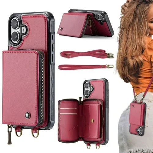 Funda Tipo Billetera Jeehood C22 para iPhone 16 Plus con Cremallera y Cordón Doble (Rojo)