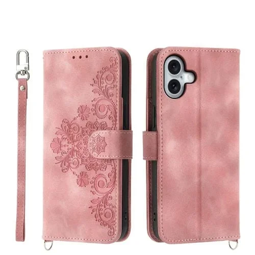 Funda Tipo Billetera Piel iPhone 16 Plus Relieve Flores (Rosa)