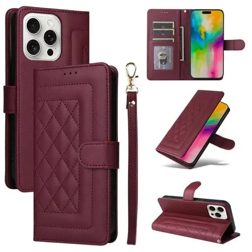Funda Tipo Cartera Cuero Entramado Diamantes iPhone 16 Pro Max (Rojo Vino)