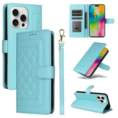 Funda Tipo Cartera Cuero Entramado Diamantes iPhone 16 Pro Max (Verde Menta)