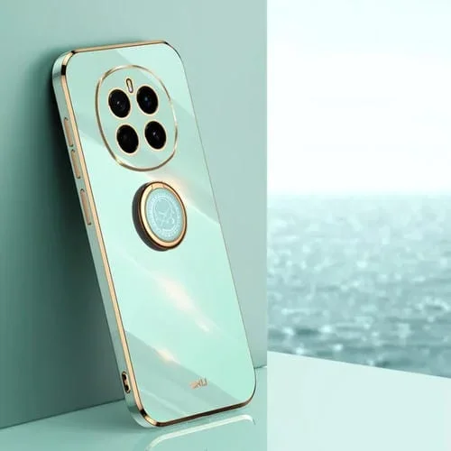 Funda TPU a prueba de golpes Honor Magic7 Xinli con borde dorado y soporte para anillo (Verde Menta)