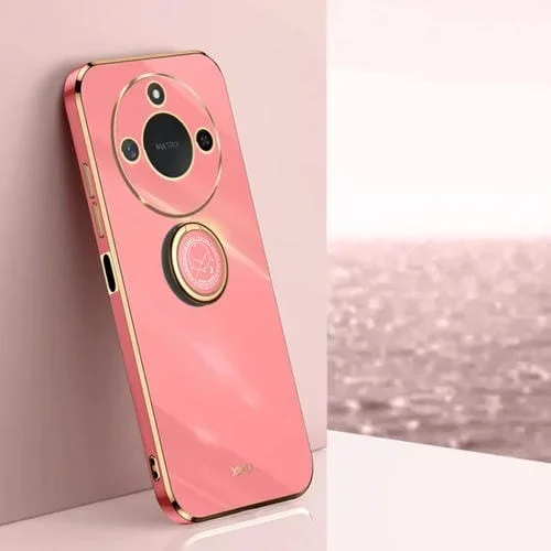 Funda TPU con Borde Dorado y Revestimiento 6D para Honor X60 Xinli con Soporte para Anillo (Rojo Espino)