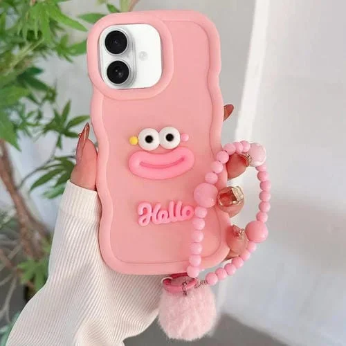 Funda TPU con Forma de Boca de Salchicha y Cadena de Cuentas para iPhone 16 (Rosa)