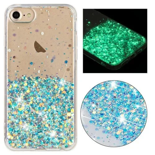 Funda TPU con Marco Transparente y Polvo Brillante Noctilucente para iPhone 8/7 (Azul)