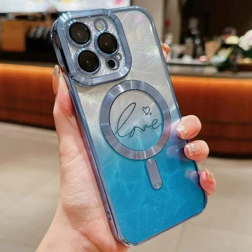 Funda TPU con Purpurina y Degradado Plumas de Amor Duales para iPhone 12 Pro Max (Azul)
