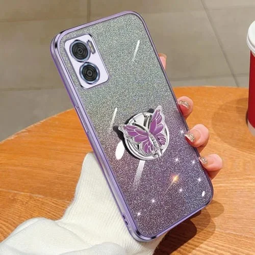 Funda TPU con Soporte de Mariposa para Motorola Moto E22 / E22I (Púrpura) Brillo Degradado Plateado