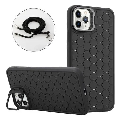 Funda TPU con Soporte Radiante en Panal para iPhone 16 Pro con Cordón (Negro)