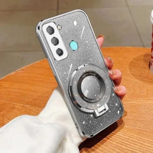 Funda TPU con Soporte Redondo y Purpurina Degradada para Tecno Pop 5 Lte (Plateada)