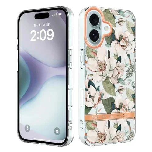 Funda TPU Imd para iPhone 16 Plus con Diseño de Flores y Plantas (Gardenia Verde)