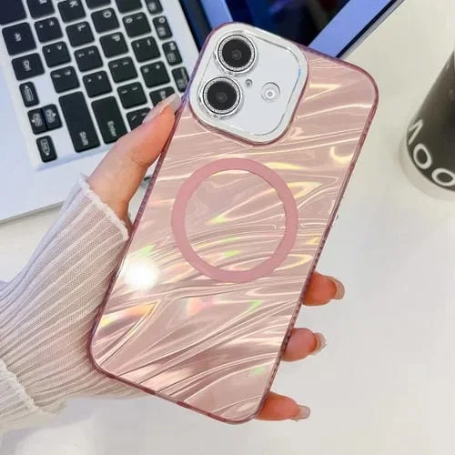 Funda TPU Magsafe Apple iPhone 16 Plus Textura Enchapada Purpurina (Ondas de Agua Rosadas)