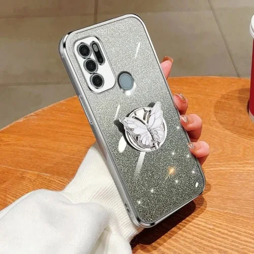 Funda TPU para Motorola Moto G60S con Soporte de Mariposa y Brillo Degradado (Plata)