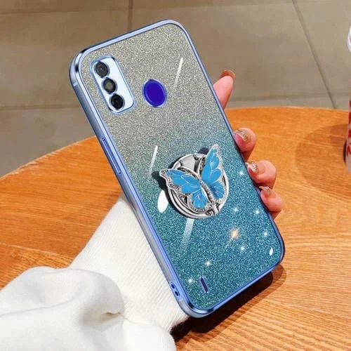 Funda TPU para Tecno Spark Go 2020 con Soporte Mariposa y Brillo Degradado (Azul Sierra)