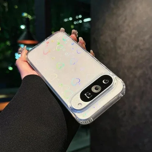 Funda TPU Transparente con Diseño Corazón Láser para Google Pixel 9 Pro XL (Blanco Transparente)