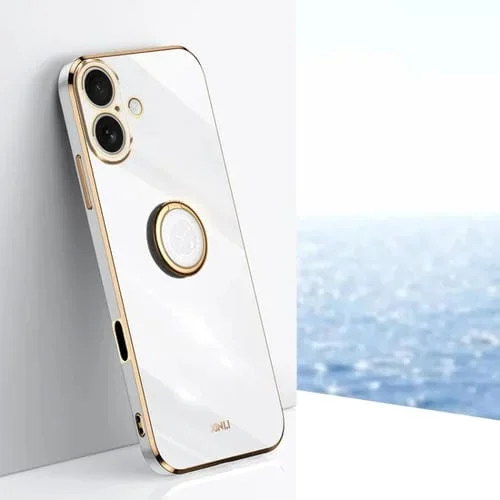 Funda TPU Xinli borde recto 6D con soporte para anillo para iPhone 16 (Blanca)