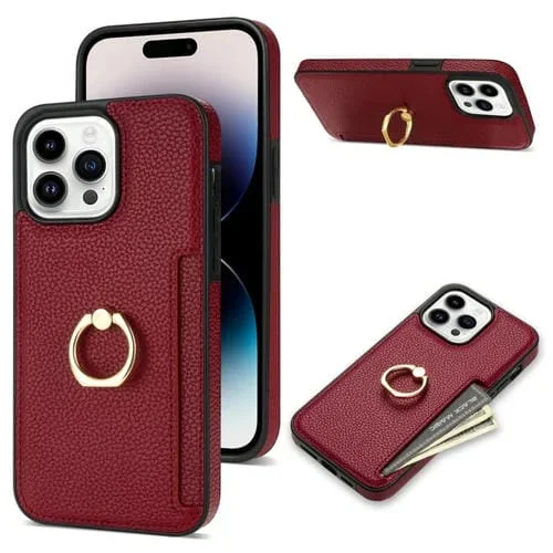 Funda Trasera iPhone 15 Pro Ring Card Litchi Cuero (Rojo)