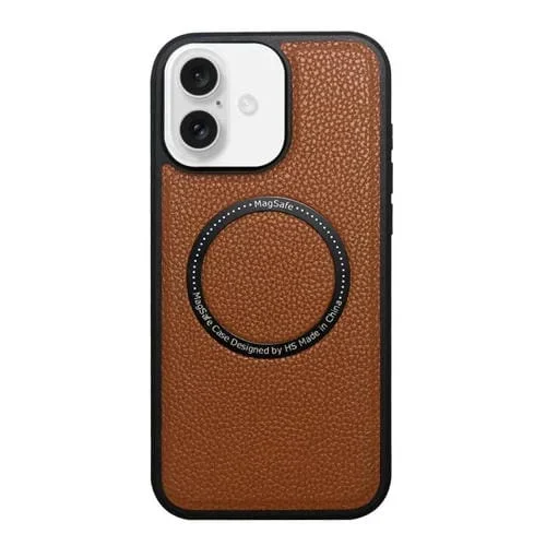Funda trasera MagSafe de PU con textura de lichi para iPhone 16 (marrón)