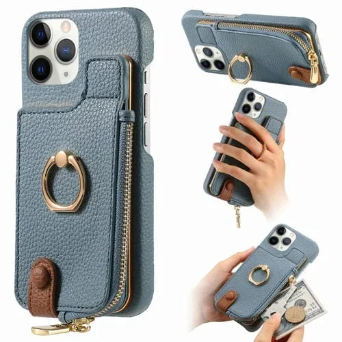 Funda Trasera para iPhone 11 Pro con Billetera, Cremallera y Anillo de Cuero Litchi (Azul Claro)