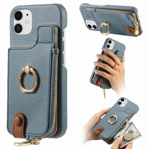 Funda Trasera para iPhone 12 con Billetera, Cremallera y Anillo de Cuero Litchi (Azul Claro)