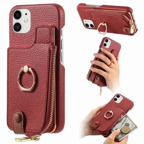 Funda Trasera para iPhone 12 Mini con Billetera, Cremallera y Anillo de Cuero Litchi (Rojo)
