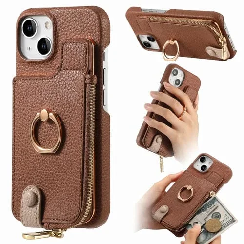 Funda Trasera para iPhone 13 Mini con Billetera, Cremallera y Anillo en Cuero Litchi (Marrón)