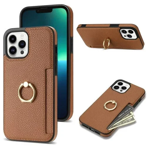 Funda Trasera para iPhone 13 Pro Max Ring Card Litchi Cuero (Marrón)
