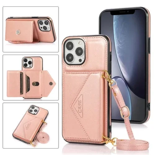 Funda Trasera para iPhone 13 Pro TPU + PU Bolsa de Tarjeta Multifuncional con Soporte y Ranura para Billetera (Oro Rosa)