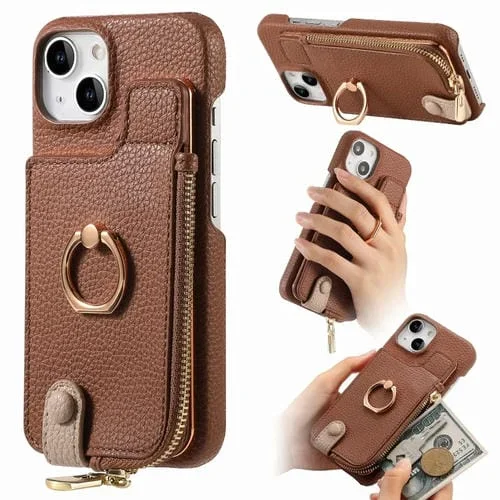 Funda Trasera para iPhone 14 Plus con Billetera, Cremallera y Anillo de Cuero Litchi (Marrón)