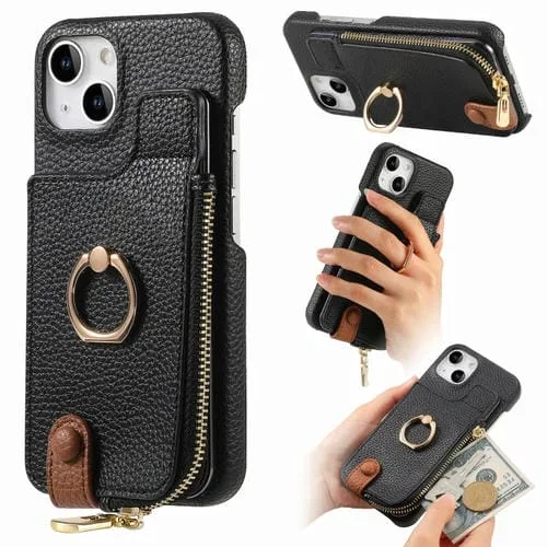 Funda Trasera para iPhone 14 Plus con Billetera, Cremallera y Anillo de Cuero Litchi (Negro)