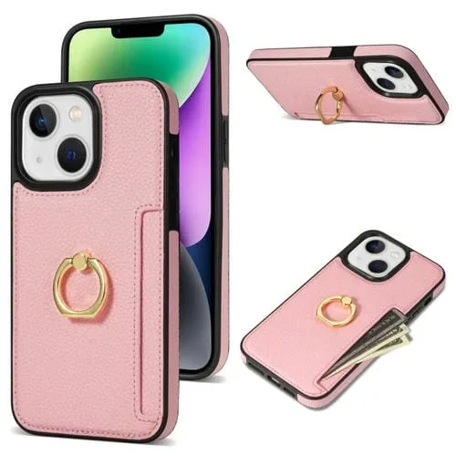 Funda Trasera para iPhone 14 Plus Ring Card Litchi de Cuero (Rosa)