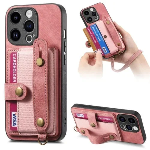 Funda Trasera para iPhone 14 Pro Max Retro Cross Muñequera Monedero de Cuero (Rosa)