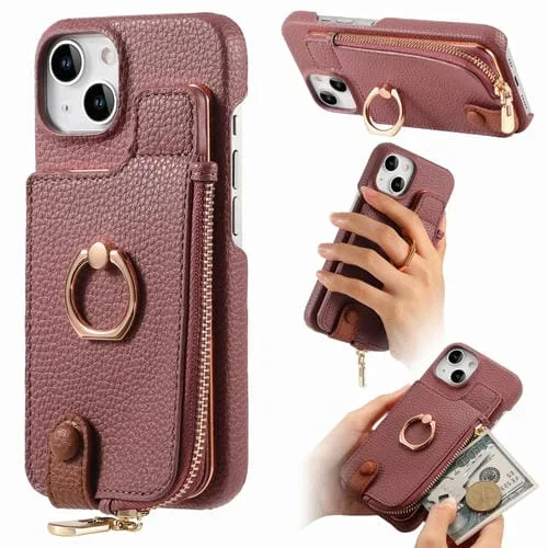 Funda Trasera para iPhone 15 con Billetera, Cremallera y Anillo de Cuero Litchi (Albaricoque Azufaifo)