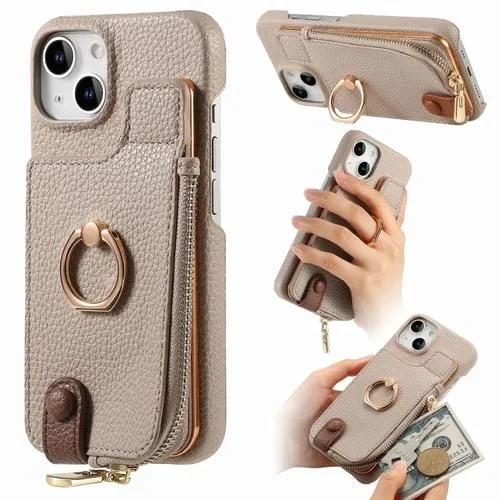 Funda Trasera para iPhone 15 con billetera, cremallera y anillo de cuero Litchi (Caqui)