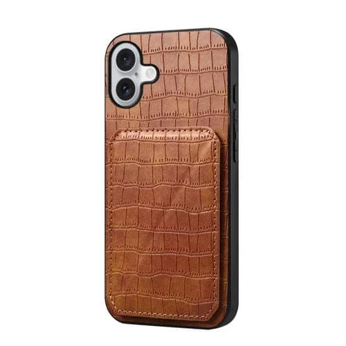 Funda Trasera para iPhone 16 Plus de piel de cocodrilo de imitación con soporte (Marrón)