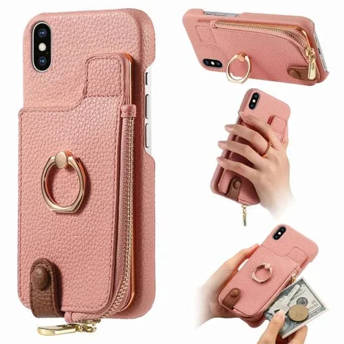 Funda Trasera para iPhone X Xs con Billetera con Cremallera y Anillo de Cuero Litchi (Rosa)
