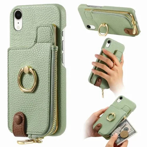Funda Trasera para iPhone Xr con Billetera, Cremallera, Anillo y Borde de Aceite de Cuero Litchi (Verde Té)