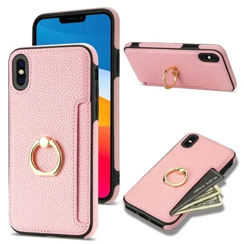 Funda Trasera para iPhone Xs / X Ring Card Litchi Cuero (Rosa)