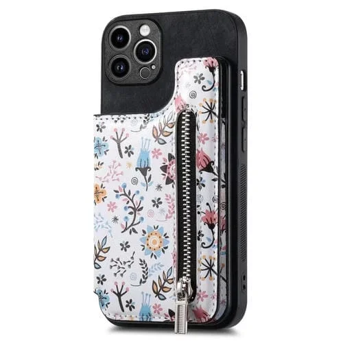 Funda Trasera para teléfono iPhone 13 Pro con billetera con cremallera pintada retro (Negro)