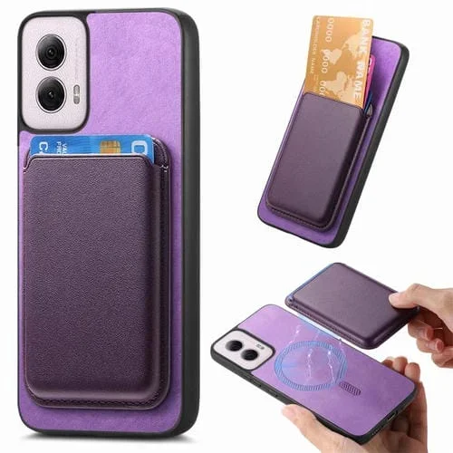 Funda Trasera PU con Tarjetero Magsafe para Motorola Moto G55 Retro (Morado)