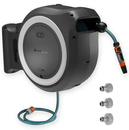 Gardena Conjunto Portamanguera de Pared con Batería PowerRoll XXL Individual: Portamanguera automático, manguera de 40 m, guía y RollControll, batería, resistente a rayos UV y heladas (18647-55)