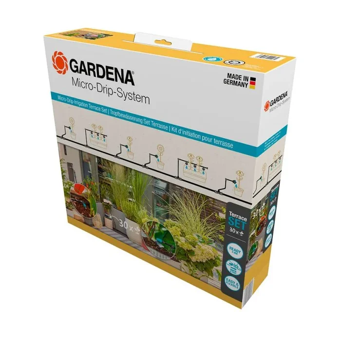 Gardena Sistema Micro-Drip Set de riego por Goteo para terraza (30 Plantas): Set de Inicio, de instalación inmediata, Sistema de riego eficiente, técnica de conexión fácil & Flexible (13400-20)