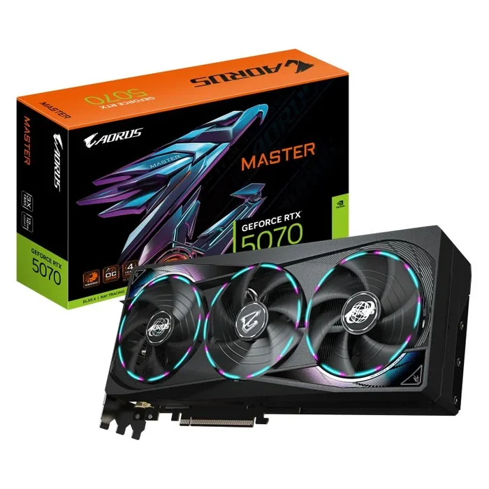 GIGABYTE AORUS GeForce RTX 5070 MASTER 12G Tarjeta Gráfica – 12GB GDDR7, 192 bits, PCI-E 5.0, 2715 MHz Core Clock, 3 x DP 2.1a, 1 x HDMI 2.1b, NVIDIA DLSS 4, GV-N5070AORUS M-12GD