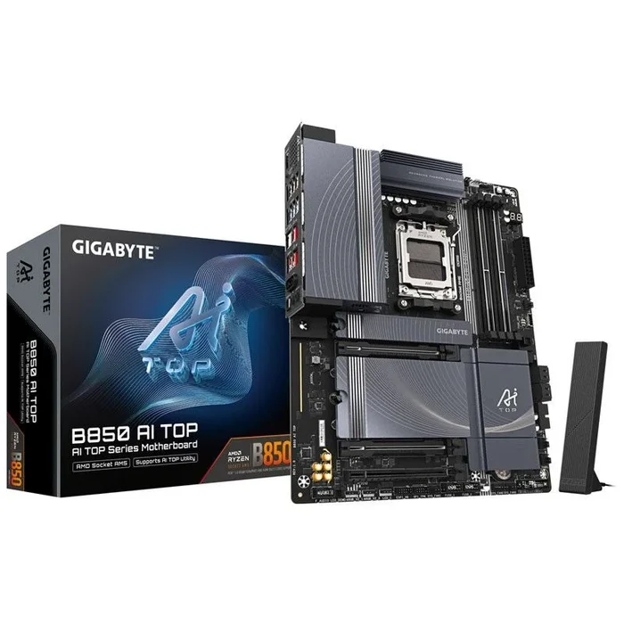 GIGABYTE B850 AI TOP Placa Base – Procesadores AMD Ryzen Serie 9000, 16+2+2 fases VRM digitales, hasta 8600MHz DDR5 (OC), 2xPCIe 5.0 + 1xPCIe 4.0 M.2, LAN 10GbE, WIFI 7, USB 3.2 Gen 2×2