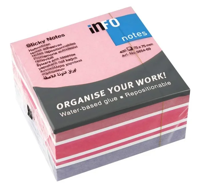 Global notes info cubo de 400 notas adhesivas 75 x 75mm – certificacion fsc? – colores violeta, rosa pastel, rosa brillante y blanco